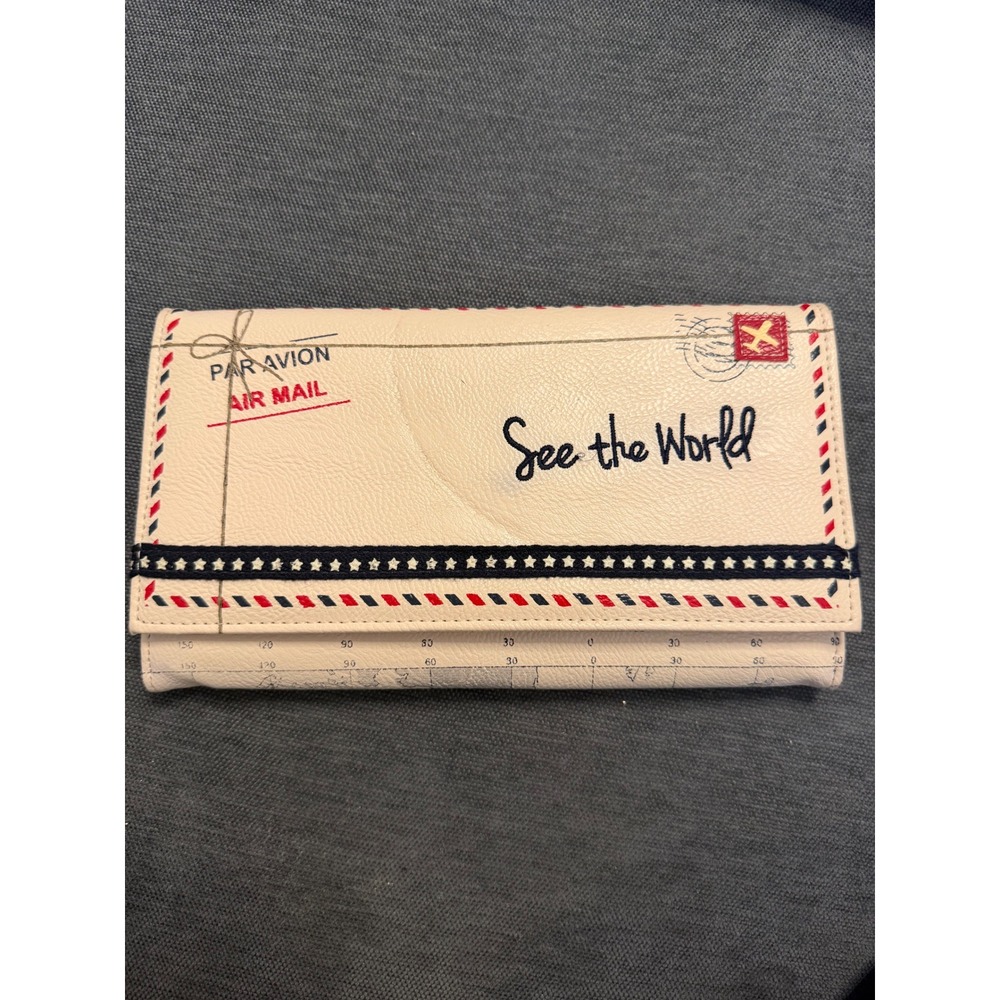 See the World Air Mail Travel Document Organizer Wallet Map Print Clutch Cream